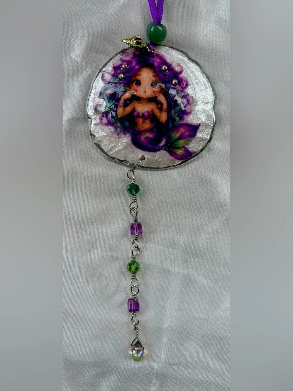 Purple & Green Decoupage Mermaid Sand Dollar Crystal Sun Catcher